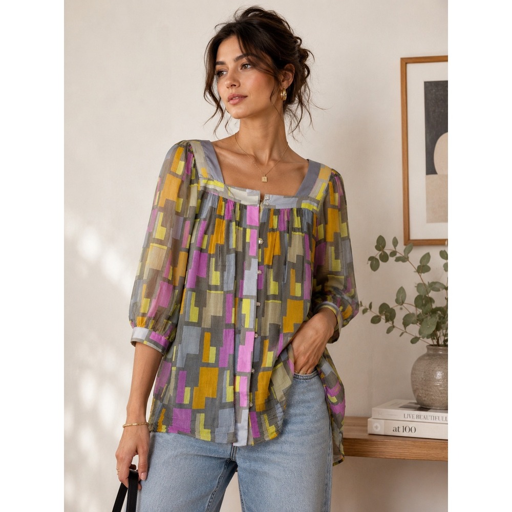 Milly of New York Silk Geometric Block Print Blouse Square Neck Multi-Color 4